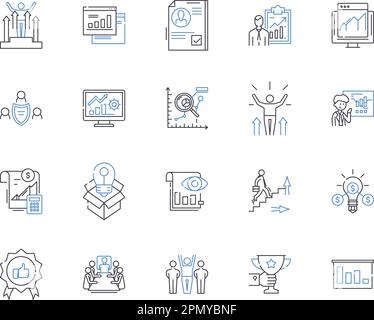 Collection d'icônes de présentation des indicateurs métier. Chiffre d'affaires, bénéfice, coût, efficacité, demande, Ensemble de concepts de qualité, de tarification et d'illustration. Production Illustration de Vecteur