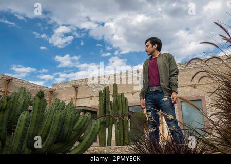 Un homme visitant l'ancienne école modèle rustique avec cactus à Mineral de Pozos Guanajuato Mexique Banque D'Images