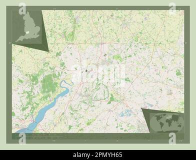 Gloucestershire, comté administratif d'Angleterre - Grande-Bretagne. Ouvrez la carte des rues. Cartes d'emplacement auxiliaire d'angle Banque D'Images