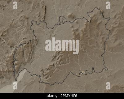 Gloucestershire, comté administratif d'Angleterre - Grande-Bretagne. Carte d'altitude colorée en tons sépia avec lacs et rivières Banque D'Images