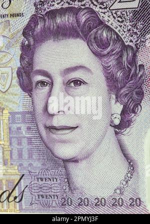 Gros plan sur les billets de vingt livres sterling britanniques. Portrait de la reine Elizabeth II Banque D'Images