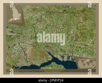 Hampshire, comté administratif de l'Angleterre - Grande-Bretagne. Carte satellite haute résolution. Cartes d'emplacement auxiliaire d'angle Banque D'Images