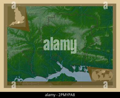 Hampshire, comté administratif de l'Angleterre - Grande-Bretagne. Carte d'altitude en couleur avec lacs et rivières. Cartes d'emplacement auxiliaire d'angle Banque D'Images