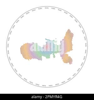 Logo rond Elba. Forme de style numérique de l'île d'Elbe dans un cercle en pointillés avec le nom de l'île. Icône technologique de l'île avec points en dégradé. Vecteur de classe illustrati Illustration de Vecteur