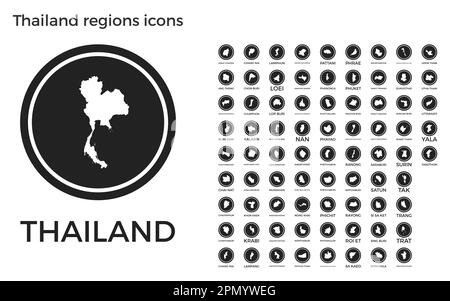 Icônes des régions de Thaïlande. Logos ronds noirs avec cartes et titres des pays. Illustration vectorielle. Illustration de Vecteur