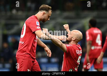 Luca Caldirola de Monza fête lors de la série italienne Un match de football FC Internazionale vs Monza au stade San Siro à Milan, Italie sur 15 avril 2023 Credit: Piero Cruciatti/Alay Live News Banque D'Images