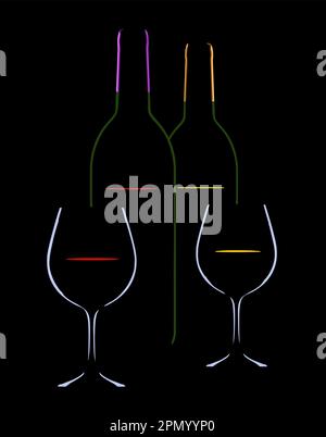 Le vin en bouteilles et en verres est vu dans une lumière spectaculaire qui éclaire les bords colorés du vin et du verre. Illustration de Vecteur