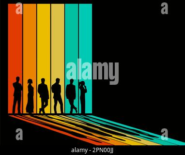 Un groupe de personnes est silhoueté sur un fond rayé coloré dans un vecteur. Illustration de Vecteur
