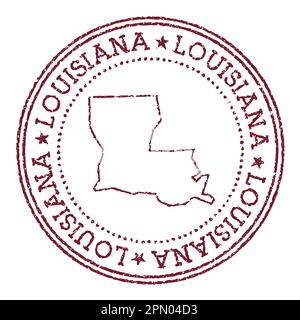 Timbre rond en caoutchouc de Louisiane avec carte de l'État américain. Timbre de passeport rouge vintage avec texte circulaire et étoiles, illustration vectorielle. Illustration de Vecteur