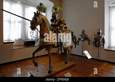 Grande salle de tribunal dans le Fuerstenbau, Veste Coburg, exposition d'armes courticieuses pour les tournois et les buts militaires, Coburg, haute-Franconie Banque D'Images