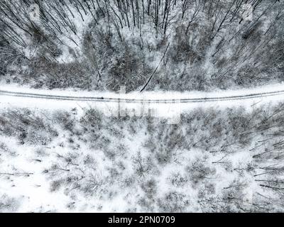 Une route sinueuse à travers un paysage d'hiver pittoresque avec une forêt enneigée sereine Banque D'Images