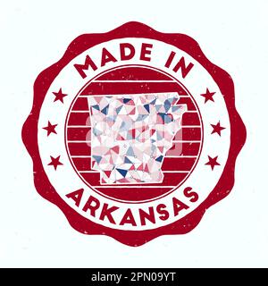 Fabriqué en Arkansas. Timbre rond de l'état AMÉRICAIN. Joint d'Arkansas avec forme de bordure. Badge vintage avec texte circulaire et étoiles. Illustration vectorielle. Illustration de Vecteur