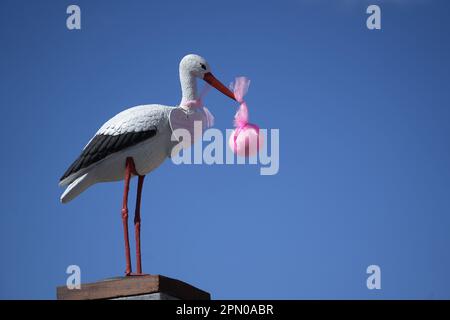 White Stork annonçant la naissance d'une petite fille. Livraison d'un nouveau-né Banque D'Images