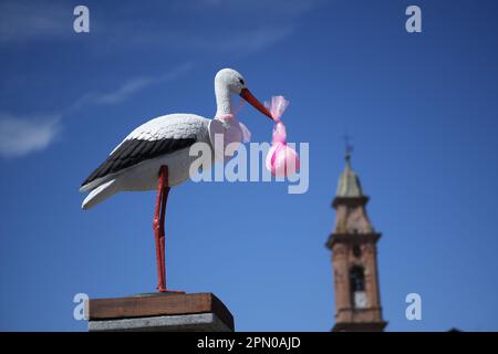 White Stork annonçant la naissance d'une petite fille. Livraison d'un nouveau-né Banque D'Images