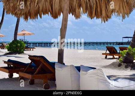 Plage confortable et chaises longues sous un palapa lors d'une journée ensoleillée à la plage de San Pedro, Ambergris Caye, Belize, Caraïbes. Banque D'Images