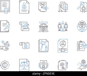 Collection d'icônes de contour des services juridiques. Avocat, avocat, avocat, litige, tribunal, Procureurs, vecteur de représentation et concept d'illustration Illustration de Vecteur