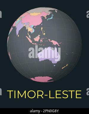 Carte du monde centrée sur le Timor-Leste. Pays rouge mis en surbrillance. Vue satellite du monde centrée sur le pays avec le nom. Illustration vectorielle. Illustration de Vecteur