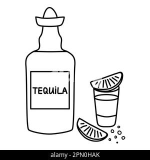 Boisson alcoolisée Tequila, bouteille et dose avec une tranche de lime et sal, style doodle dessin vectoriel plat pour enfants livre de coloriage Illustration de Vecteur