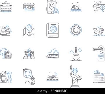 Collection d'icônes de contour de tour opérateur. Visite, opérateur, Voyage, Agence, vacances, Ensemble de concepts de voyage, de vecteur de guide et d'illustration. Aventure, forfaits Illustration de Vecteur