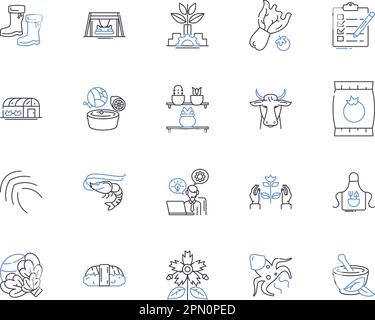Collection d'icônes pour les contours de la production agricole. Agriculture, culture, cultures, récolte, semis, Ensemble de concepts de rendement, de vecteur d'élevage et d'illustration Illustration de Vecteur