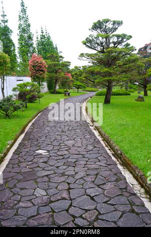 La route du jardin est faite de pierre de pavage. Banque D'Images