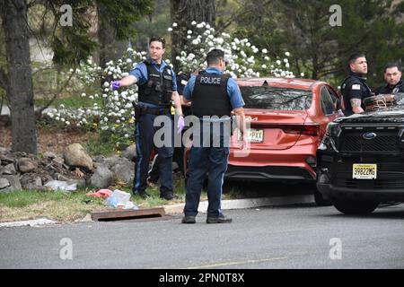 Franklin Lakes, États-Unis. 15th avril 2023. Des policiers sur les lieux de l'accident. Accident de voiture à Franklin Lakes, New Jersey, États-Unis. Deux véhicules ont été impliqués dans un accident. L'accident a eu lieu dans la zone de la sortie Summit Avenue sur la route 208 Nord, samedi soir. Les blessures ont été subies par une personne et la personne a été transportée par le SGE à l'hôpital. Crédit : SOPA Images Limited/Alamy Live News Banque D'Images