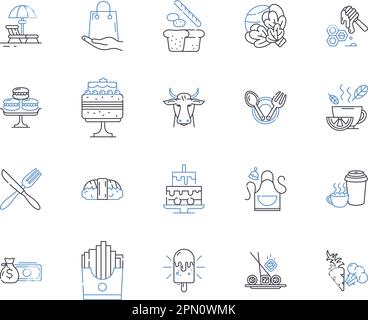 Collection d'icônes de contour de café et de boulangerie. Café, boulangerie, café, thé, gâteau, Ensemble de desserts, de pâtisseries vectorielles et d'illustrations. Muffin, croissant Illustration de Vecteur