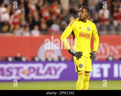 Chicago, États-Unis, 15 avril 2023. La Major League Soccer (MLS) le gardien de but de l'Union de Philadelphie, Andre Blake, réagit à un but personnel au Soldier Field de Chicago, il, États-Unis. Credit: Tony Gadomski / toutes les images de sport / Alamy Live News Banque D'Images