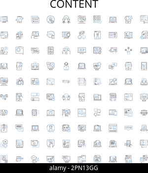Collection d'icônes de contour de contenu. Contenu, rédaction, informations, texte, ressources, Données, jeu d'illustrations vectorielles du sujet. Sujets, mots, histoires linéaires Illustration de Vecteur