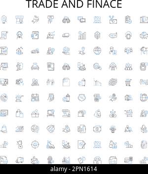 Collection d'icônes de contour de commerce et de finition. Finance, négociation, marchés, investissement, banque, Exchange, jeu d'illustrations vectorielles de fonds. Actions, obligations Illustration de Vecteur