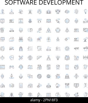 Collection d'icônes de contour de développement logiciel. Logiciel, développement, codage, programmation, débogage, Test, conception d'un jeu d'illustrations vectorielles Illustration de Vecteur