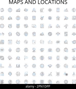 Cartes et emplacements présentent la collection d'icônes. Cartes, lieux, géographie, navigation, enquête, Cartographie, ensemble d'illustrations vectorielles GPS. Local, satellite Illustration de Vecteur