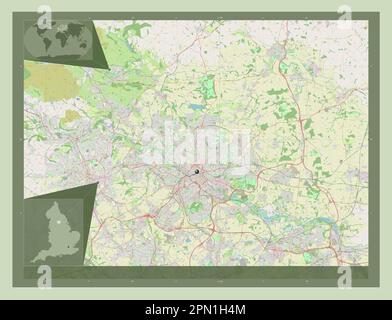 Leeds, comté administratif d'Angleterre - Grande-Bretagne. Ouvrez la carte des rues. Cartes d'emplacement auxiliaire d'angle Banque D'Images