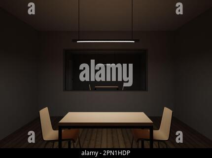 Salle de compte-rendu ou d'interrogation avec fenêtre miroir à sens unique, rendu 3D heures sur 24, 7 jours sur 7. Salle d'interrogatoire du bureau de police sans personnes en basse lumière Banque D'Images