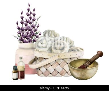 Panier d'aromathérapie en osier aquarelle avec serviettes spa, bouquet de lavande, bol sonore, huile aromatique illustration isolée sur fond blanc. Dessiné à la main Banque D'Images