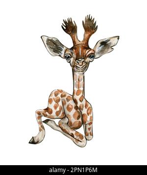 Illustration de girafe d'aquarelle, animal tropical de Cartoon, exotique été jungle design.main dessiné. Design pour fête de douche de bébé, anniversaire, gâteau, Banque D'Images