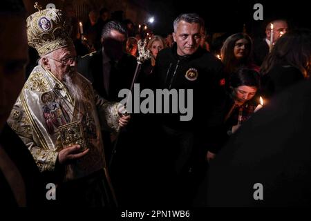 Gokceda, Turquie. 16th avril 2023. Le Patriarche œcuménique Bartholomée I, le chef spirituel des chrétiens orthodoxes du monde, dirige le service de Pâques. Crédit : SOPA Images Limited/Alamy Live News Banque D'Images