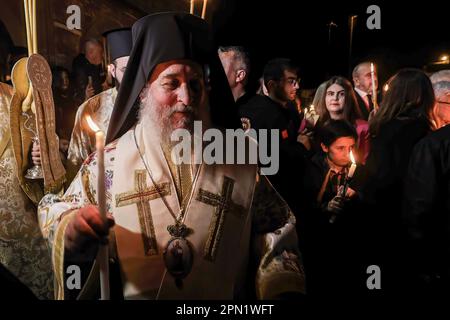 Gokceda, Turquie. 16th avril 2023. Le Patriarche œcuménique Bartholomée I, le chef spirituel des chrétiens orthodoxes du monde, dirige le service de Pâques. (Photo par Shady Alassar/SOPA Images/Sipa USA) Credit: SIPA USA/Alay Live News Banque D'Images