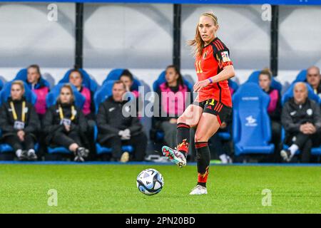 Janice Cayman photographié lors d'un match de football féminin entre les équipes nationales de Belgique , appelées les flammes rouges , et de Slovénie, le mardi 11 avril 2023 à Louvain , Belgique . PHOTO SPORTPIX | STIJN AUDOOREN Banque D'Images