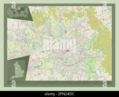 Grand Manchester, région d'Angleterre - Grande-Bretagne. Ouvrez la carte des rues. Cartes d'emplacement auxiliaire d'angle Banque D'Images