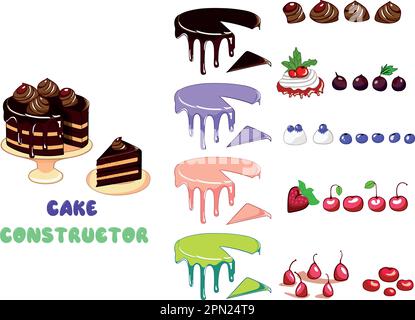 motif avec gâteaux. Gâteau coloré avec fruits sur le dessus et différents toppers et crème. Espace pour votre logo Illustration de Vecteur