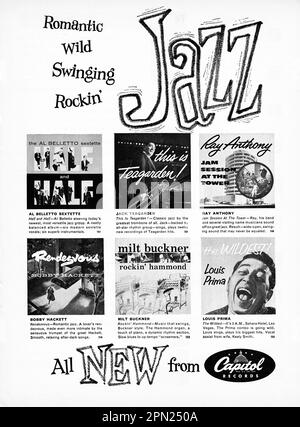 Une publicité d'un magazine de musique du début de 1960s pour 6 disques de jazz LP. Ils étaient appelés romantiques, sauvages, balançants et rockin. Banque D'Images