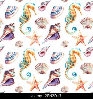 Motif sans couture des animaux marins. Coquillages, hippocampes, étoiles de mer. Illustration aquarelle. Arrière-plan. Collage Banque D'Images