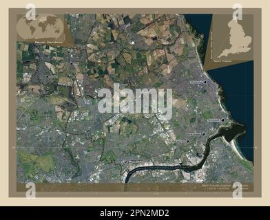 North Tyneside, comté administratif d'Angleterre - Grande-Bretagne. Carte satellite haute résolution. Lieux et noms des principales villes de la région. Co Banque D'Images