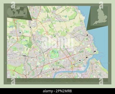 North Tyneside, comté administratif d'Angleterre - Grande-Bretagne. Ouvrez la carte des rues. Lieux des principales villes de la région. Emplacement auxiliaire du coin Banque D'Images