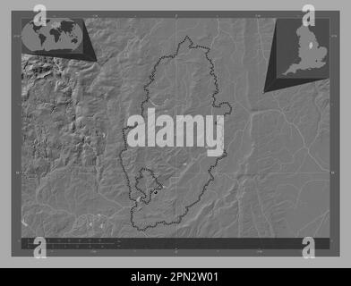 Notinghamshire, comté administratif d'Angleterre - Grande-Bretagne. Carte d'altitude à deux niveaux avec lacs et rivières. Cartes d'emplacement auxiliaire d'angle Banque D'Images