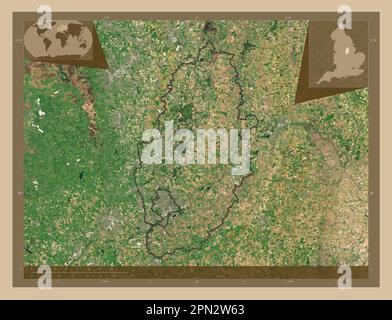 Notinghamshire, comté administratif d'Angleterre - Grande-Bretagne. Carte satellite basse résolution. Cartes d'emplacement auxiliaire d'angle Banque D'Images