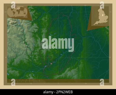 Notinghamshire, comté administratif d'Angleterre - Grande-Bretagne. Carte d'altitude en couleur avec lacs et rivières. Cartes d'emplacement auxiliaire d'angle Banque D'Images