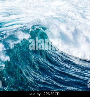 Vue latérale d'une vague qui s'écrase avec force, produisant un magnifique étalage de mousse blanche et d'eaux bleues turbulentes, montrant la puissance brute de la nature. Banque D'Images