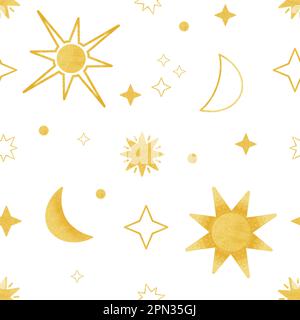 Motif soleil et lune sans coutures. Croissant jaune texturé, étoiles, lune, soleil et cercles dessinés à la main sur fond blanc. Illustration ciel brillant sur toute la surface Banque D'Images